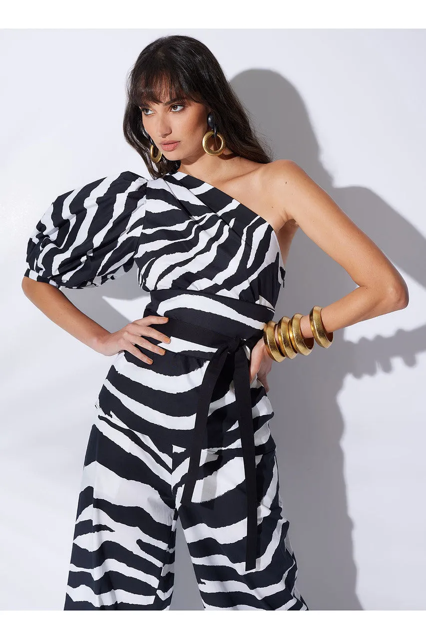 Zebra Cotton Poplin Balloon One Shoulder Top